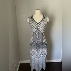 Silver Sequin Embellished V-Neck Sheath Dress for Prom